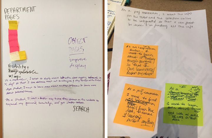 Post-it notes and sheets of paper showing the various ideas and requirements The Met has discussed to define the online collection experience for different user types