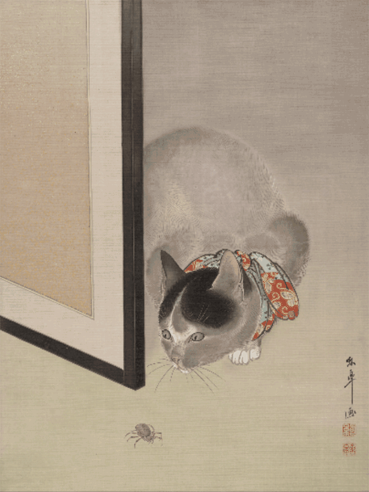 An interactive version of Cat Watching a Spider by Ōide Tōkō, that animates a cat watching a spider.