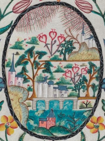 Detail view of a village scene on an 18th-century French valentine