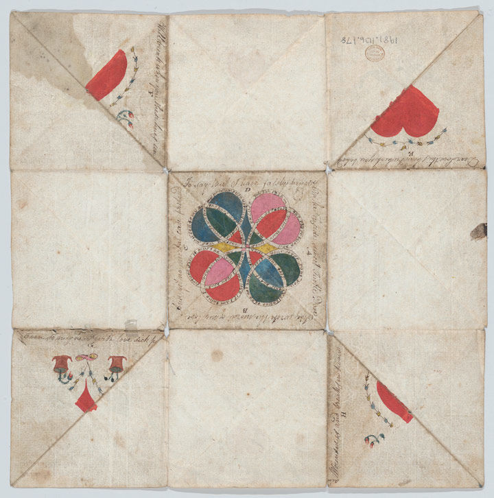 A 19th-century British puzzle-purse valentine: nine individual panels ready to be opened