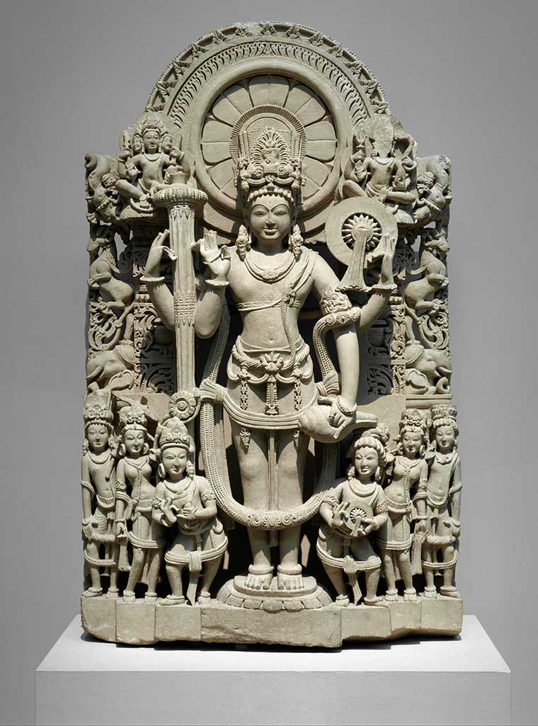 A sandstone statue of the god Vishnu from the 10th–11th centuries from India (Punjab).