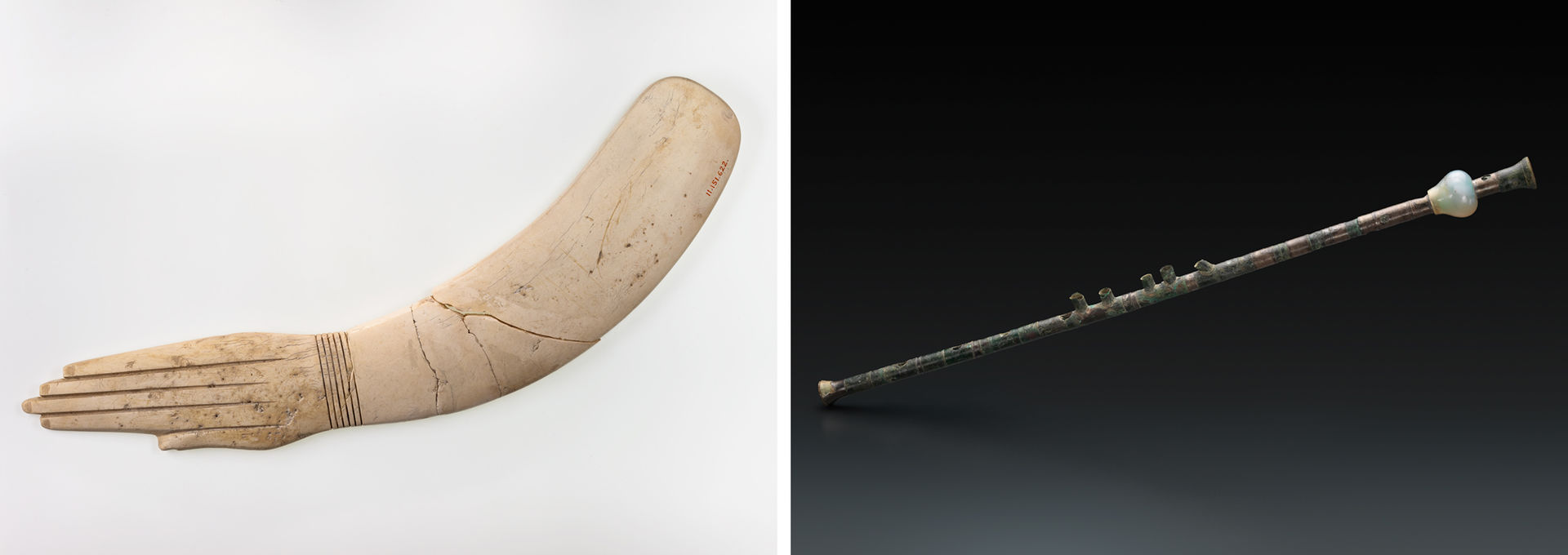 Left: Clapper from Middle Kingdom Egypt. Right: Tibia, ca. 1–500, from Syria