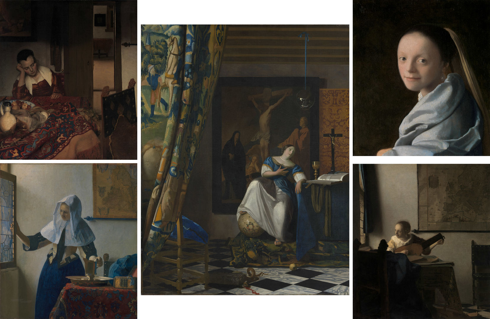 Images of five masterpiece paintings by Johannes Vermeer, all from The Met collection