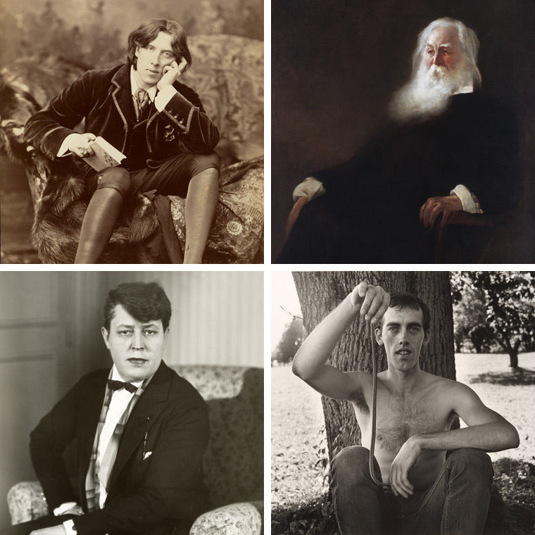 Portraits of four queer artists: Oscar Wilde, Walt Whitman, Jane Heap, and David Wojnarowicz