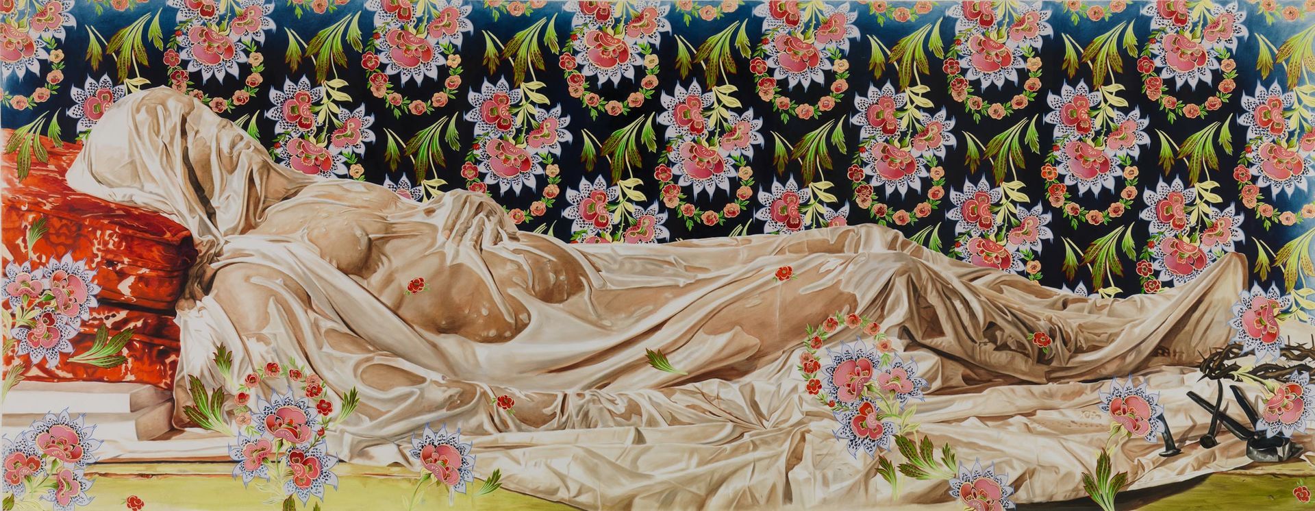 A study for "The Veiled Christ" by Kehinde Wiley, showing a figure in repose wrapped in a winding sheet with wildflowers strewn about