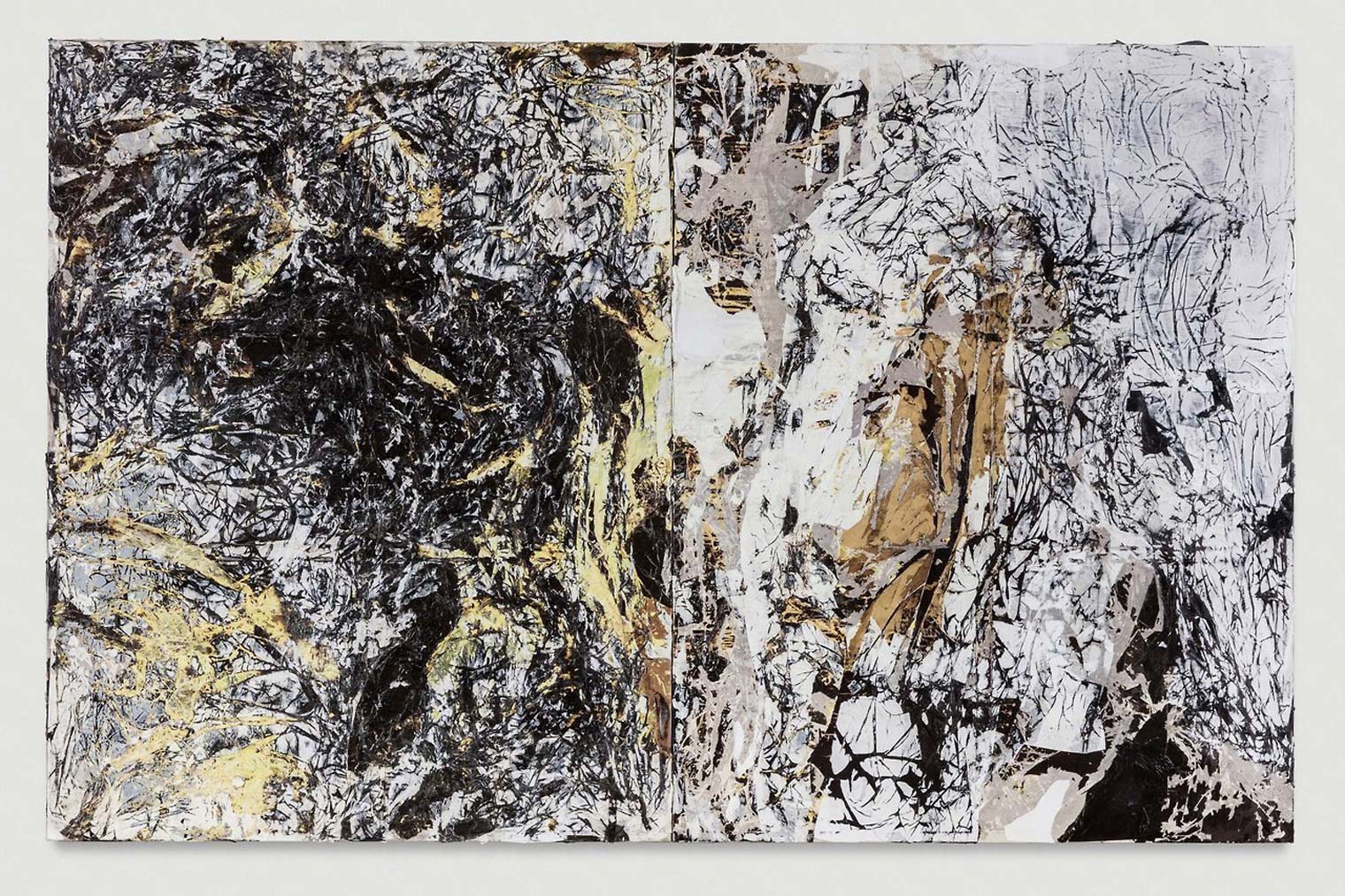 An abstract painting by Mark Bradford composed primarily of blacks, whites, and yellows
