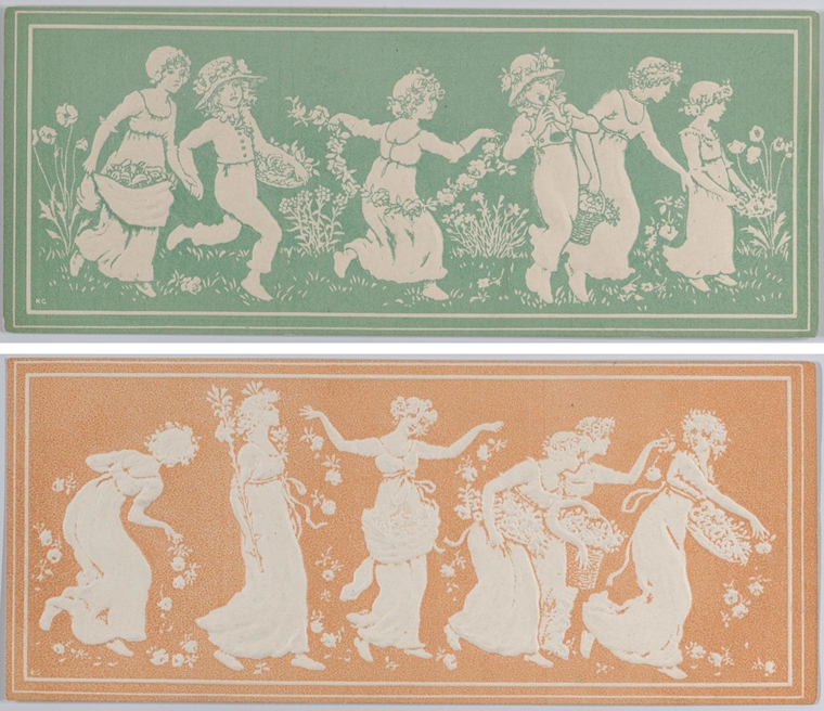 Two Kate Greenaway valentines depicting groups of women dancing and picking flowers