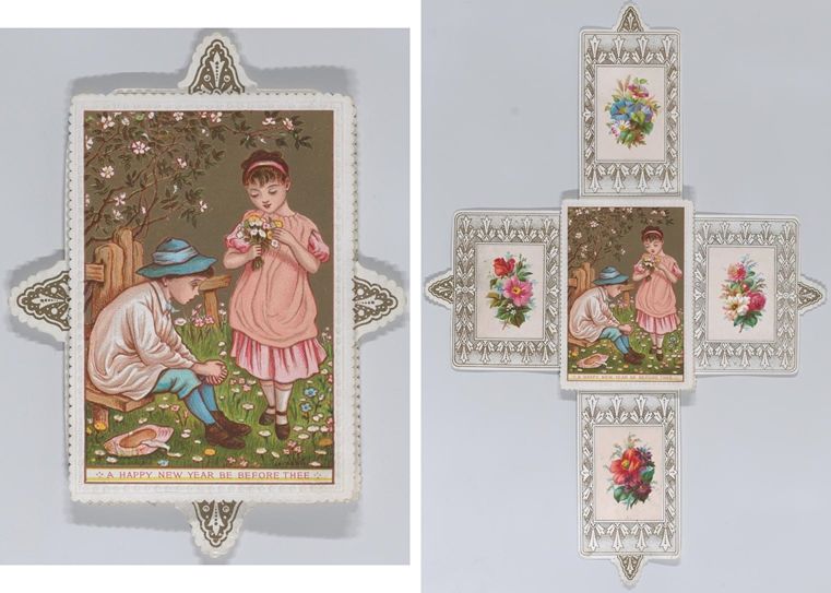 Kate Greenaway valentine in two views. At left, the valentine; at right, the valentine with a series of pull tabs opened to expose additional floral imagery