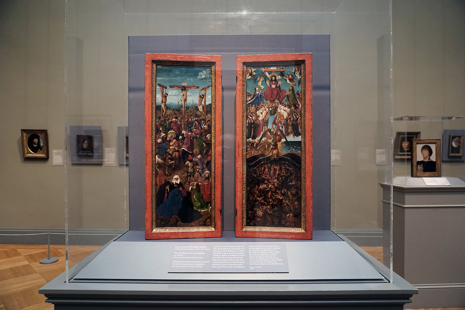 View of Jan van Eyck's "Crucifixion" and "Last Judgment" installed in a European paintings gallery at The Met Fifth Avenue