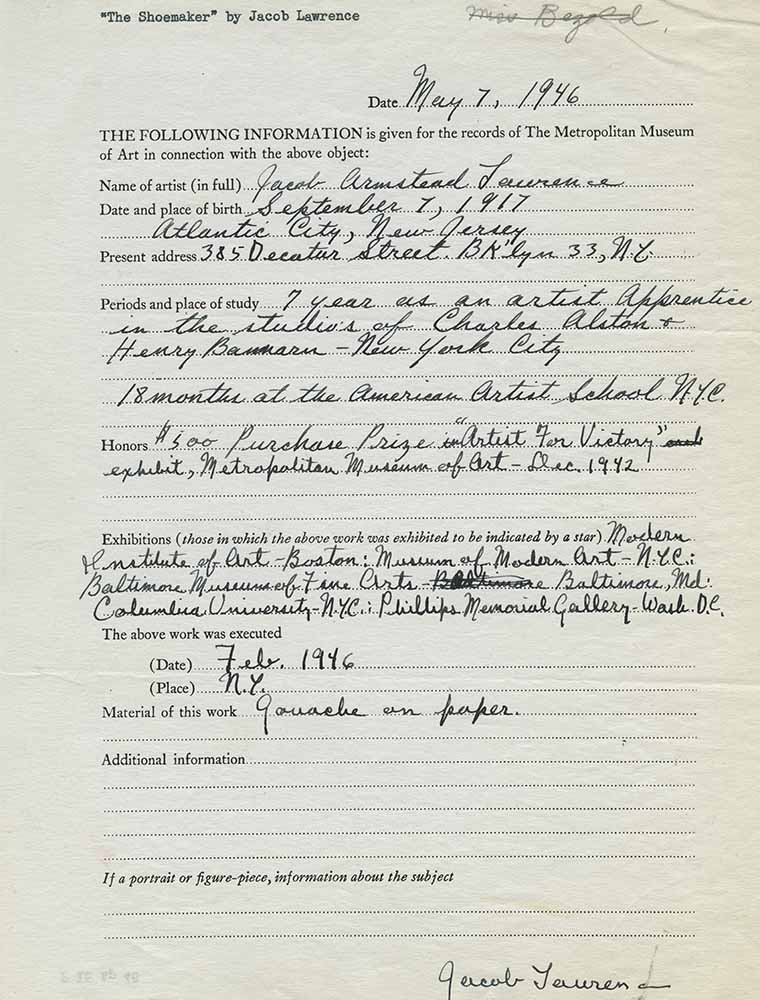 An intake form filled out by artist Jacob Lawrence