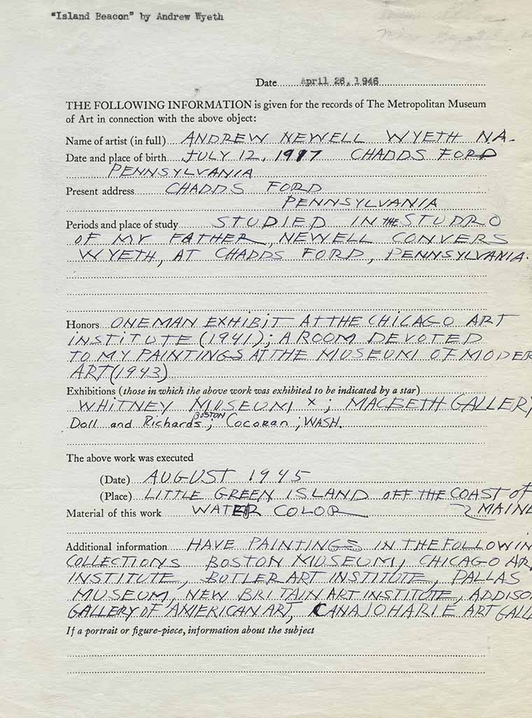 An intake form filled out by artist Andrew Wyeth