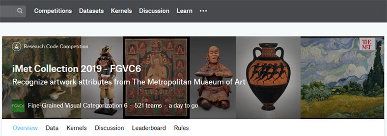 A webpage for the Kaggle competition, which features information about teams competing, the name of the competition, and various images from the Met collection as a backdrop.