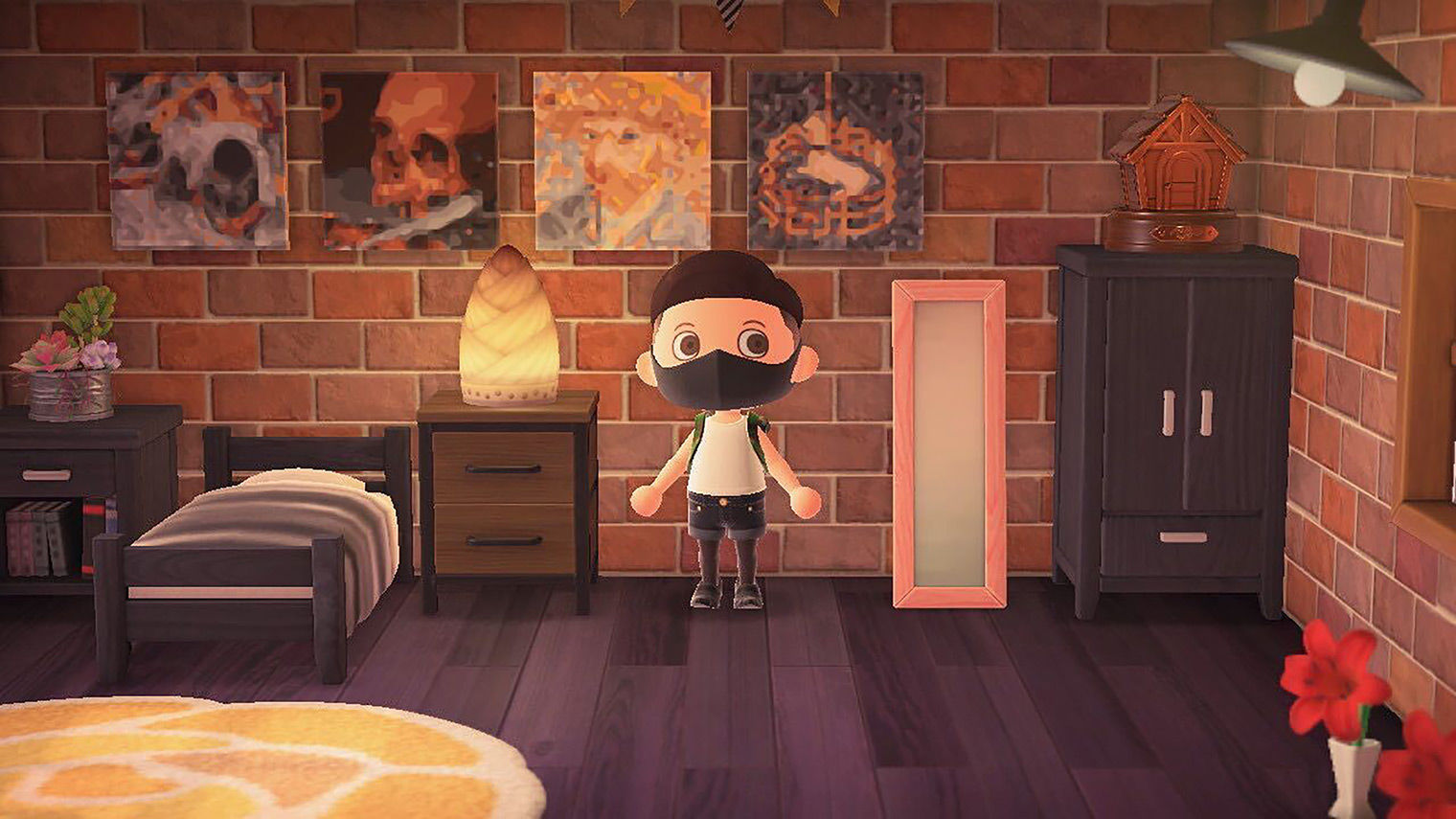 A screenshot from Animal Crossing depicting a living room filled with art