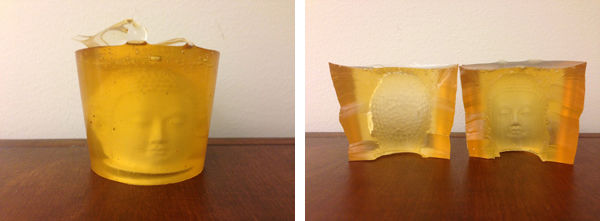 Left: ComposiMold hardening around the 3D object. Right: The inside of two halves of the mold with the 3D object removed.
