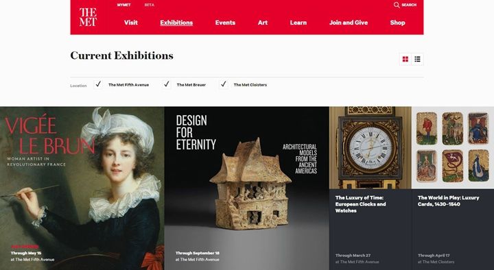 Screenshot of the current exhibitions page on The Met's refreshed website