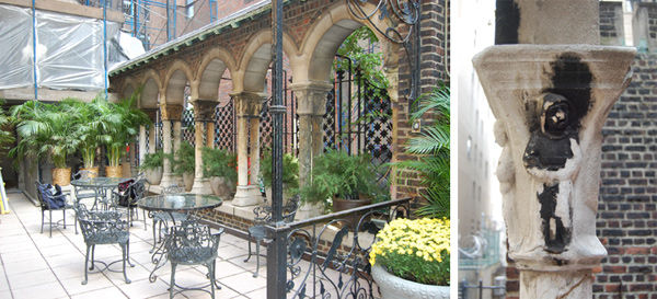 Left: The Explorer's Club's arcade, as photographed in 2010. Right: Detail of the black crust
