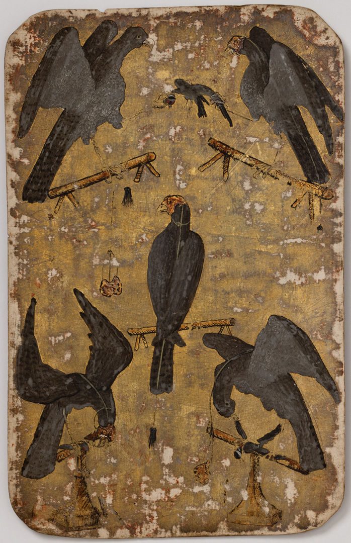 5 of Falcons, from The Stuttgart Playing Cards, ca. 1430. Made in Upper Rhineland, Germany. Paper (six layers in pasteboard) with gold ground and opaque paint over pen and ink; 7 1/2 x 4 3/4 in. (19.1 x 12.1 cm). Landesmuseum Württemberg, Stuttgart