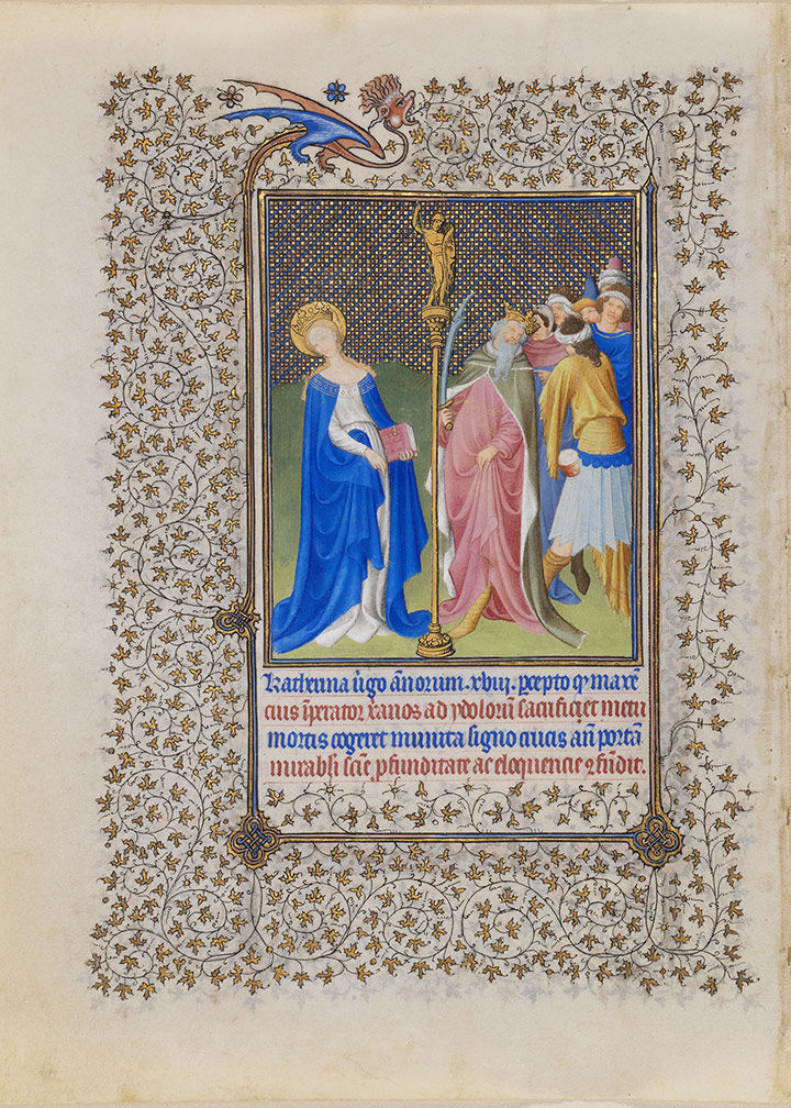 A page from a Book of Hours, depicting Saint Catherine refusing to worship a false god