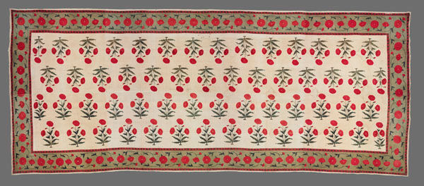 Fig. 2. Example of an intact floor cover from the Victoria and Albert Museum. Measuring approximately 380 inches in length by 154 inches in height, the Met's textile fragments comprise a little less than half the size of this full-size floor cover. Parts of a floorspread, made late 17th century–early 18th century. Possibly made in Burhanpur, India. Resist-dyed and mordant dyed cotton. The Victoria and Albert Museum, London (IM.69&A-1930). Image © The Victoria and Albert Museum