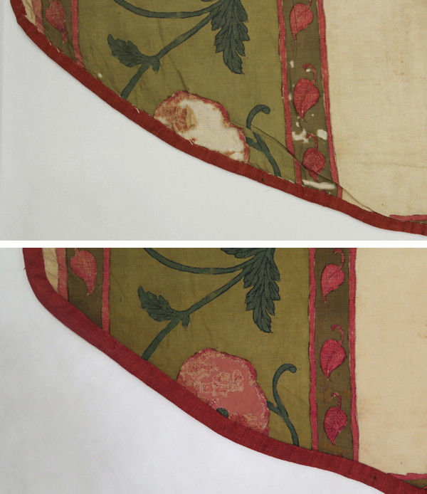 Fig. 5. Before (top) and after (bottom) details of treatment. The red binding was removed, the edges were humidified flat, and the fabric was stitched with couching stitches to the areas of loss for stabilization (1982.239a). Photo by Julia Carlson