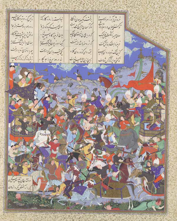 "The Battle of Pashan Begins," folio 243v from the Shahnama (Book of Kings) of Shah Tahmasp, ca. 1530–35. Iran, Tabriz. Opaque watercolor, ink, silver, and gold on paper. The Metropolitan Museum of Art, New York, Gift of Arthur A. Houghton Jr., 1970 (1970.301.37)