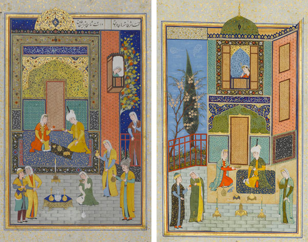 Left: "Bahram Gur in the Yellow Palace on Sunday," Folio from a Khamsa (Quintet) of Nizami, A.H. 931/A.D. 1524–25. Present-day Afghanistan, Herat. Islamic. Ink, opaque watercolor, silver, and gold on paper. The Metropolitan Museum of Art, New York, Gift of Alexander Smith Cochran, 1913 (13.228.7.9). Right: "Bahram Gur in the Green Palace on Monday," Folio from a Khamsa (Quintet) of Nizami, A.H. 931/A.D. 1524–25. Present-day Afghanistan, Herat. Islamic. Ink, opaque watercolor, silver, and gold on paper. The Metropolitan Museum of Art, New York, Gift of Alexander Smith Cochran, 1913 (13.228.7.12)
