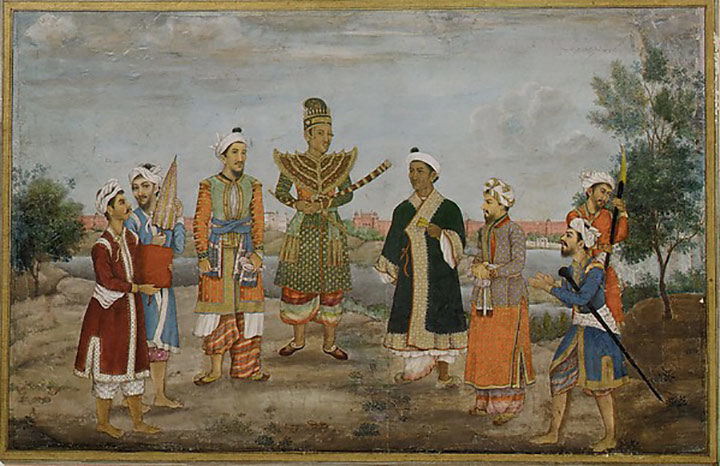 Watercolor painting of eight men in Indian and Burmese costume
