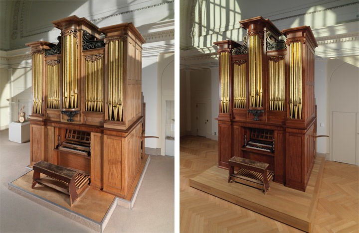 On the left the Appleton organ is shown before renovation. On the right the organ is shown after renovation. The organ appears darker on the right. 