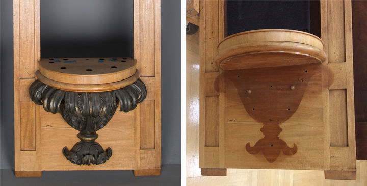 A side-by-side comparison showing a section of the organ. In the left image, a decorative piece is mounted on the organ. On the right, the brass piece is removed. 