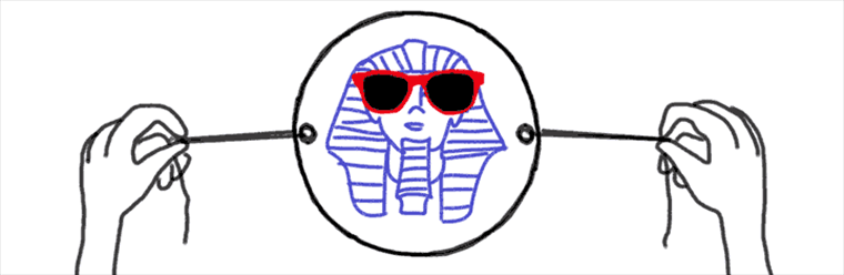 Thaumatrope animation of an Egyptian head wearing bright red sunglasses.