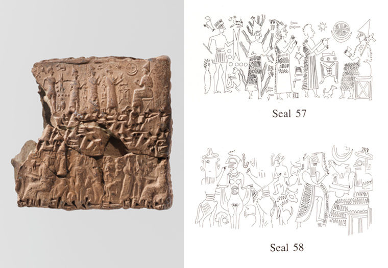A clay envelope on the left and two line drawings of the impressed seal stacked on the right. 