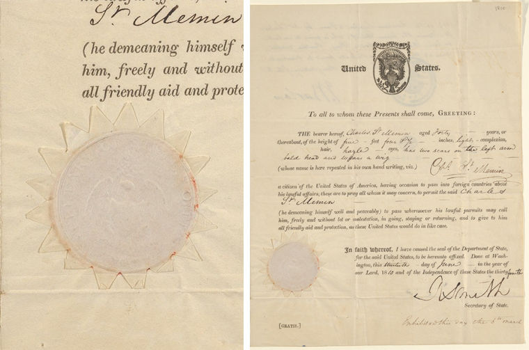 A composite image. On the left is a close up of a seal impression on white circular paper located on the left corner of a document. On the right is an image of the whole document. 