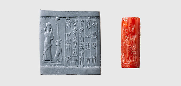 A red cylinder seal made from carnelian next to a rectangular piece of clay on which the seal was rolled. The impression on the clay shows a man, dog and writing. 