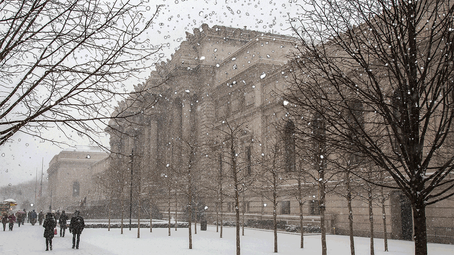 Picture of The Met during winter with animation of snow falling and bare trees.