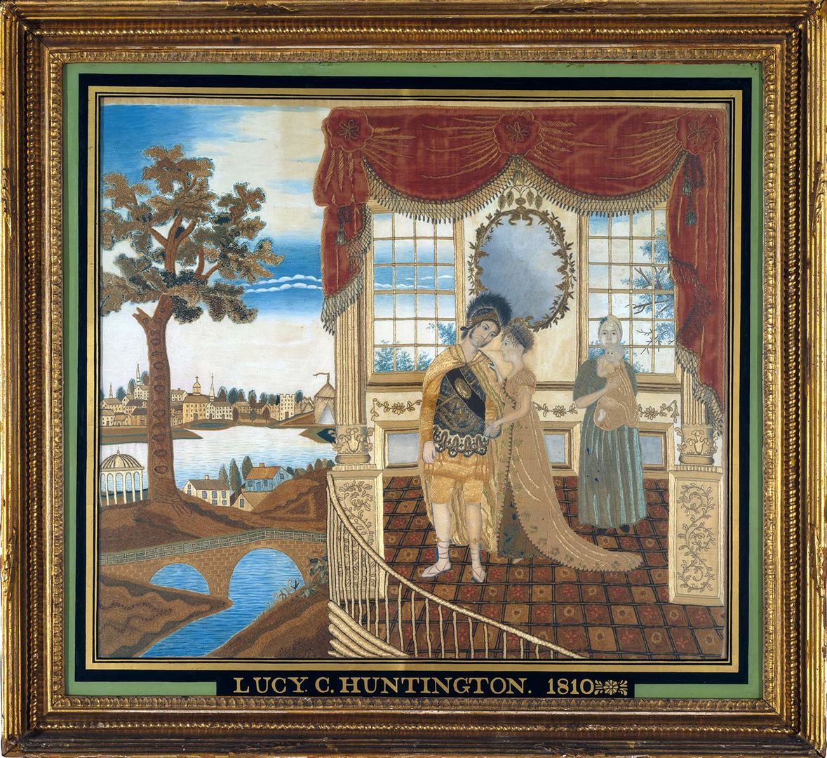 Image of a sampler by Lucy Huntington shows a male soldier Hector saying goodbye to his wife and baby on a balcony that overlooks trees, towns, and rivers.