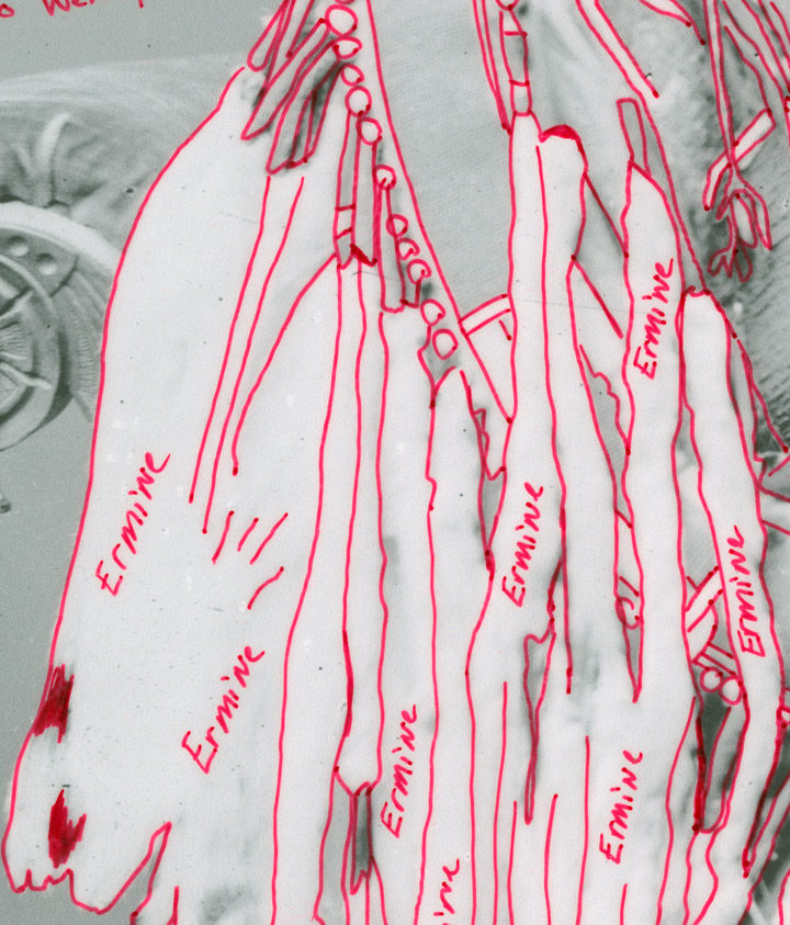 A closeup image of Wendy Red Star's artwork, showing the ermine fur of Chief Déaxitchish's clothes. Red Star has outlined the long white strips in red and written the word "ermine" over them many times