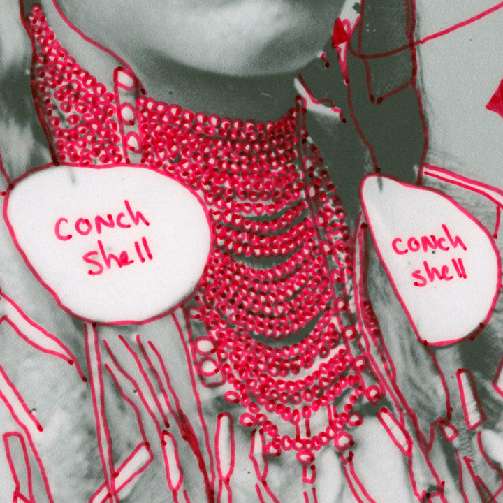 A closeup image of Wendy Red Star's artwork, showing Cheif Déaxitchish's beaded necklace, which Red Star has outlined in red.