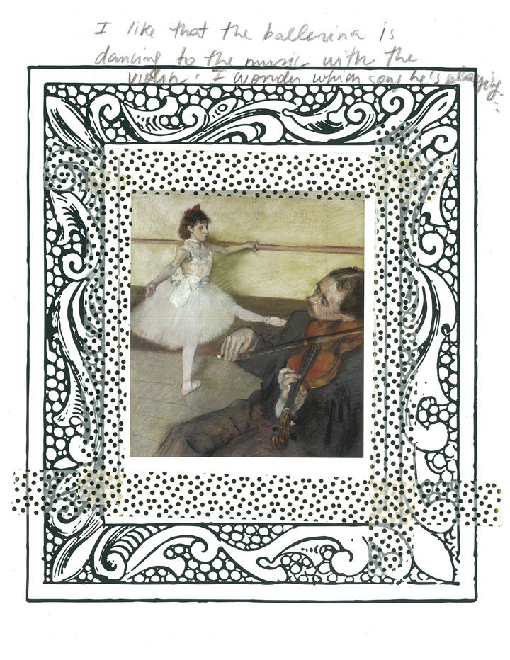 Picture of a kid's love letter to a painting by Edgar Degas. The painting shows a ballet student in a white tutu in the background and a man playing a string instrument in the foreground