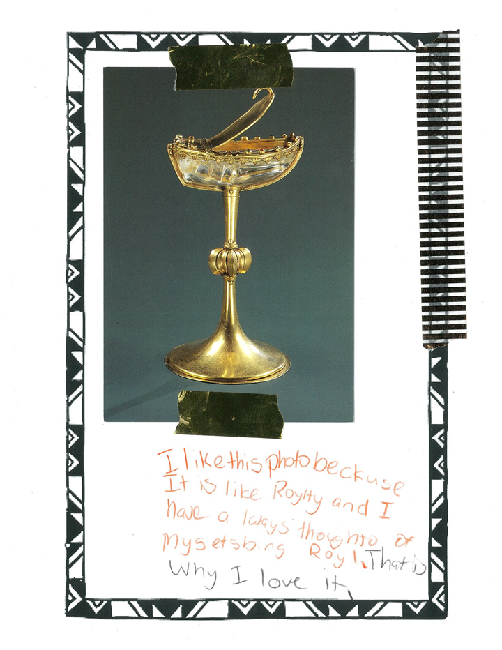 Picture of a kid's love letter to a fancy golden salt cellar, or cup for carrying salt. The letter has a postcard image of the saltceller, a handwritten message, and a patterned border.