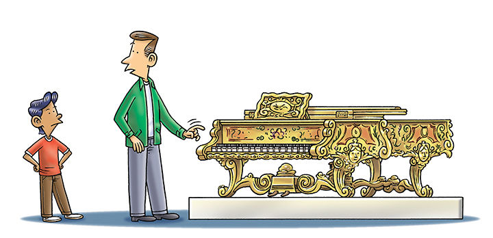 An illustration of a man and a boy standing next to a golden harpsichord, an instrument in The Met's collection.