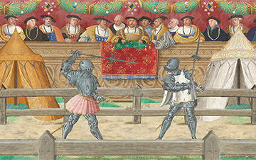 Two armored knights engaging in foot combat in an arena before a crowd of onlookers.