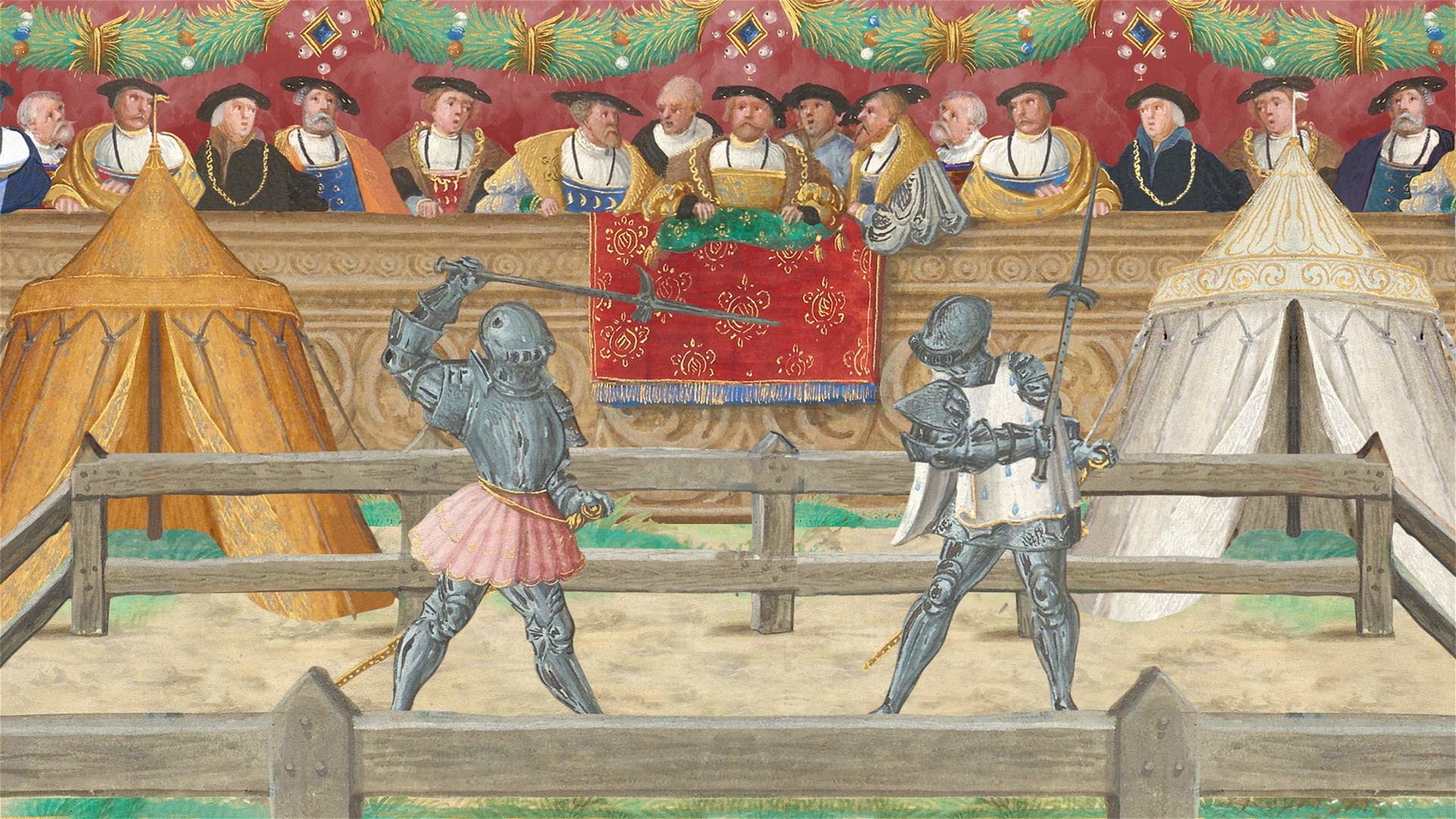 Two armored knights engaging in foot combat in an arena before a crowd of onlookers.