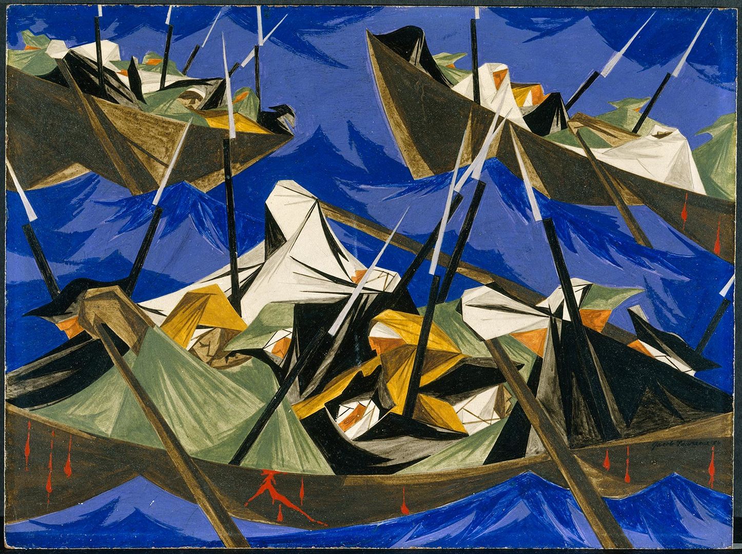 Abstract painting by Jacob Lawrence features Washington and his troops crossing the Delaware River. Three boats of varying distances from the viewer are surrounded by jagged blue waves. In the boats, hooded figures appear to be holding spears. Red blood drips from the sides of the boats.