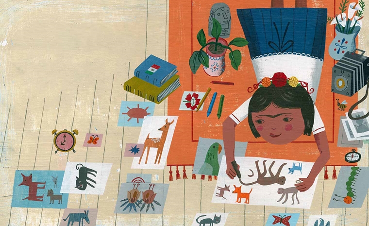 A stylized, vibrantly colored drawing of a young girl lying on an orange rug over a wooden floor in a white shirt and blue skirt--clearly Frida Kahlo from her unibrow--drawing pictures of various animals like monkeys and dogs on a sheet of paper. Other drawings of animals litter the floor, and she is also surrounded by plants, flowers, a camera, a pile of books, and an alarm clock.