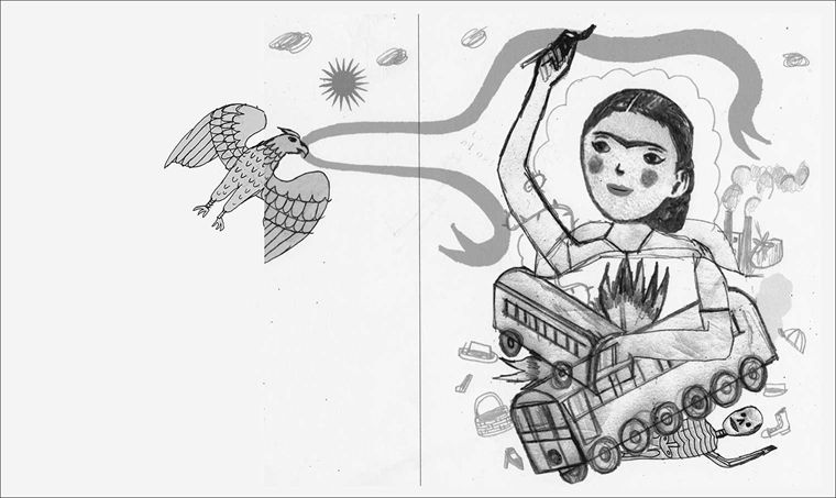 A rough pencil sketch of Frida Kahlo on two sheets of paper.  Train cars and a flame are tucked under her left arm and her right arm is raised with a brush in her hand. A skeleton waves from beneath one train car. On the left page, an Eagle holds a banner which flows across and behind her raised hand.