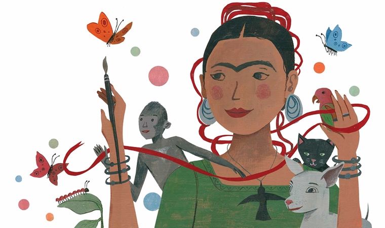 An illustration of Frida Kahlo. She holds a paintbrush in her right hand and a ribbon flows down from her hair across her left hand and outward. She is surrounded by butterflies, monkeys, cats, birds, insects, and a goat.