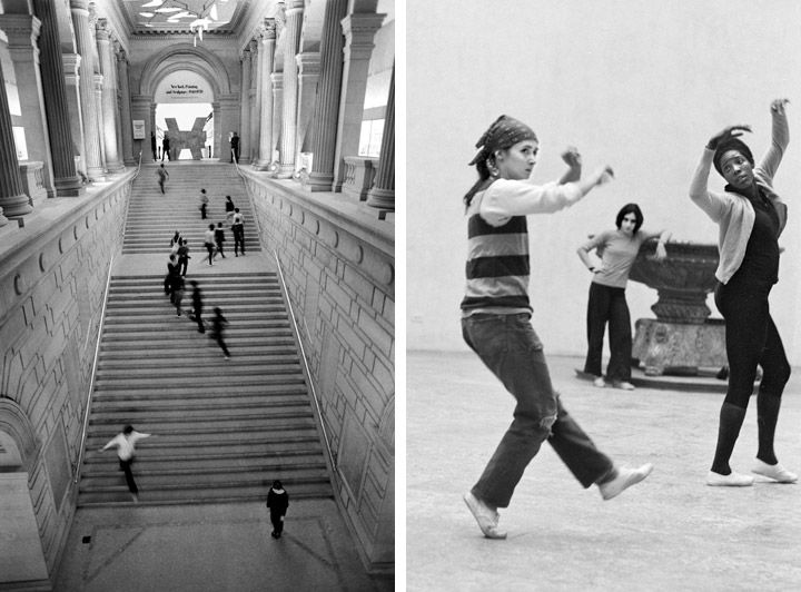 Two photos of Twyla Tharp and Dancers performing at The Met in 1970; on the left, the dancers perform on the grand staircase, on the right, dancers perform in a gallery