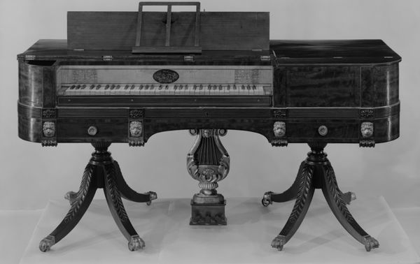 Pianoforte, 1810–15. Works attributed to John Geib and Son (in partnership 1804–15); case attributed to the workshop of Duncan Phyfe (1770–1854). Mahogany, mahogany and rosewood veneers, satinwood, ivory, gilded gesso, brass with white pine, maple, ash. The Metropolitan Museum of Art, New York, Gift of Eric M. Wunsch, 1969 (69.259)