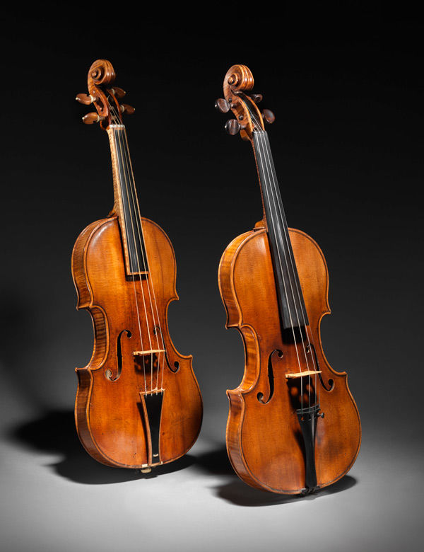 Left: Antonio Stradivari (Italian, 1644–1737). "The Gould," 1693. Spruce top, maple sides and back, ebony fingerboard, and gut strings. The Metropolitan Museum of Art, New York, Gift of George Gould, 1955 (55.86 a–c). Right: Antonio Stradivari (Italian, 1644–1737). "The Francesca," 1694. Spruce top, maple sides and back, ebony fingerboard, and metal strings. The Metropolitan Museum of Art, New York, Bequest of Annie Bolton Matthews Bryant, 1933 (34.86.2)