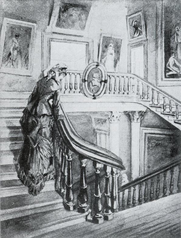 Drawing of the main staircase in the Douglas Mansion by Frank Waller